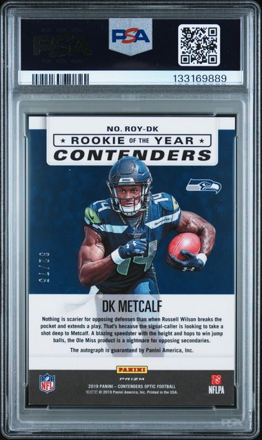 2019 Panini Contenders Optic DK Metcalf ROY Contenders Auto Blue PSA 8 Auto 10