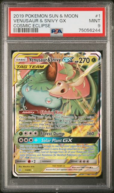 Pokémon Sun & Moon Cosmic Eclipse 2019 #1 Venusaur & Snivy GX PSA 9 Mint