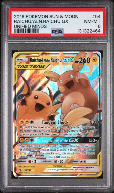Pokémon Unified Minds 2019 #54 Raichu & Alolan Raichu GX PSA 8 NM‑MT
