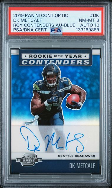 2019 Panini Contenders Optic DK Metcalf ROY Contenders Auto Blue PSA 8 Auto 10
