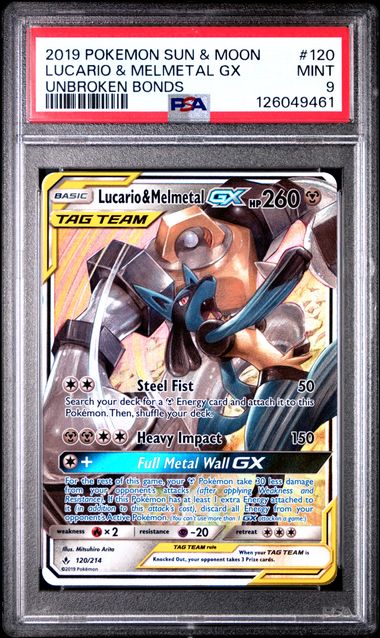 Pokémon Sun & Moon Unbroken Bonds 2019 #120 Lucario & Melmetal GX PSA 9 Mint