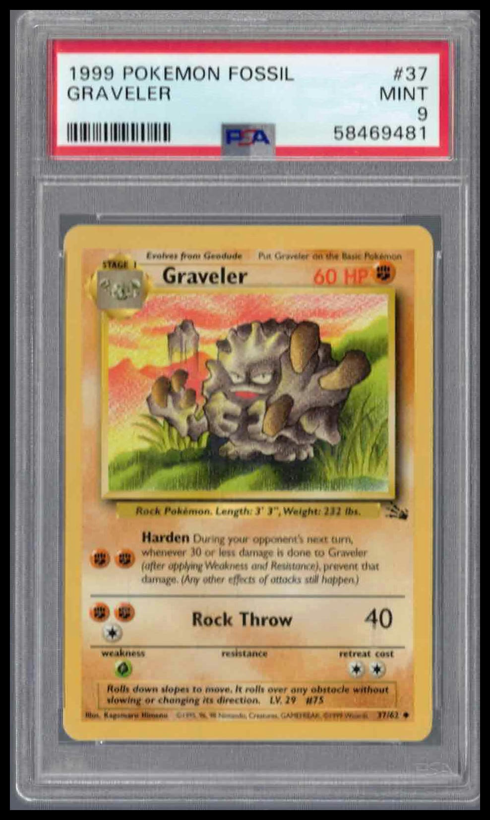 Pokémon Fossil 1999 #37 Graveler PSA 9 Mint