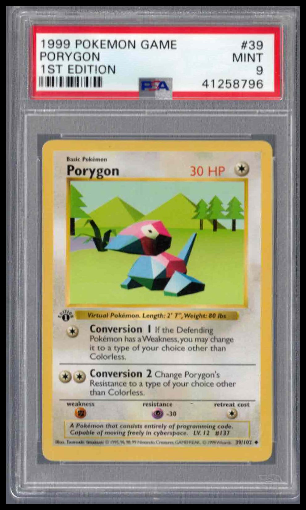 Pokémon Base Set 1999 #39 Porygon 1st Edition PSA 9 Mint